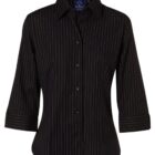 A black button-up blouse with vertical white pinstripes and three-quarter length sleeves. It has a formal collar, perfect for professional or casual wear.