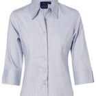 A light blue, three-quarter sleeve blouse with thin vertical pinstripes. It features a button-down front and a pointed collar.
