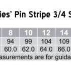 Size chart for Ladies’ Pin Stripe 3/4 Sleeve Shirt, model BS18. Sizes range from 6 to 24, with chest measurements from 89 to 134 cm and body length from 58.0 to 74.0 cm. Described as modern fit.