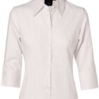 White, long-sleeve, button-up shirt with subtle vertical pinstripes and a collared neckline, displayed against a plain white background.