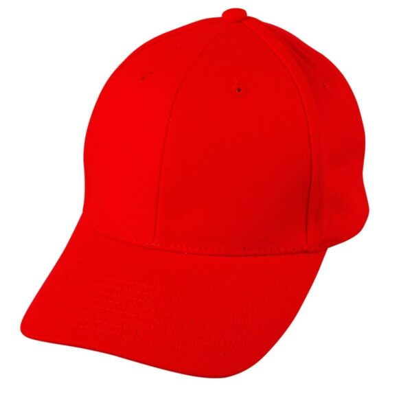 A plain red baseball cap with a curved brim and a dome-shaped crown, isolated on a white background.