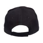 A black baseball cap viewed from the back, showing an adjustable strap and two eyelets. The cap is plain with a curved brim, and the fabric appears to be cotton.