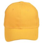 A plain yellow baseball cap with a curved brim and button top, viewed from the front. The cap has embroidered eyelets for ventilation.