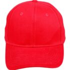 A plain red baseball cap is shown, featuring a curved brim and visible stitching. The cap appears to be made of a cotton-like fabric with two small ventilation holes on the front panel.