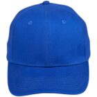 A plain blue baseball cap with a curved brim, viewed from the front. The hat has ventilation eyelets and visible stitching along the brim and crown.