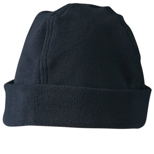 A dark-colored fleece beanie hat with a folded brim against a plain white background.