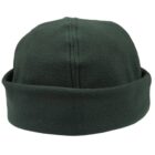 A dark green fleece beanie hat with a turned-up brim, viewed from the side. The texture of the fabric is visible, giving it a warm and cozy appearance.