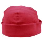 A red fleece beanie with a folded brim, shown against a plain white background.