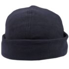 A black fleece beanie with a rolled-up brim, displayed against a plain white background.