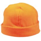 A bright orange fleece beanie with a folded brim, displaying visible stitching along the top.