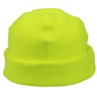 A neon yellow knit beanie with a folded brim displayed against a white background.