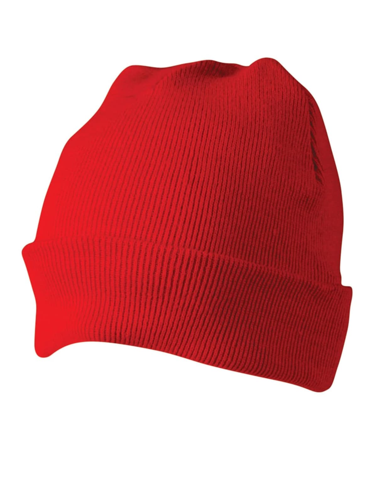 A bright red knit beanie with a folded cuff, shown on a plain white background.