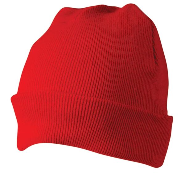 A bright red knit beanie with a folded brim, shown against a plain white background.