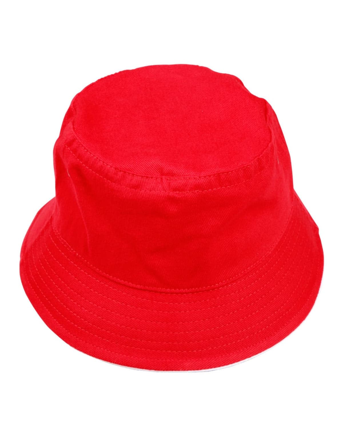 A bright red bucket hat with a soft, unstructured brim and a simple design, displayed against a white background.
