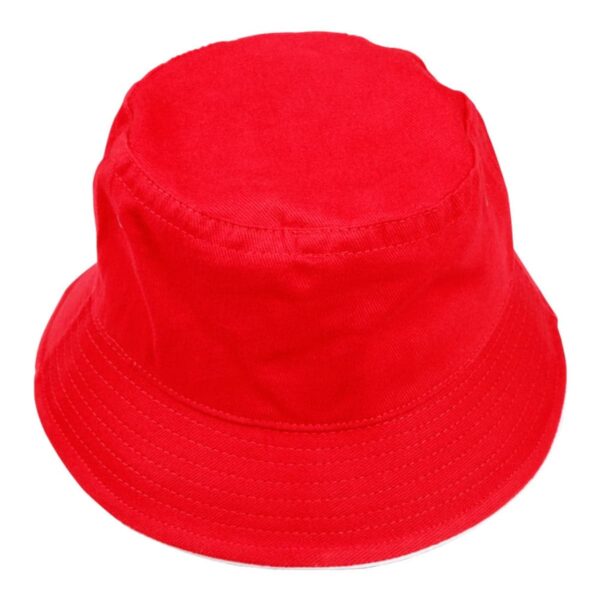 A red bucket hat with a wide brim and soft fabric, shown against a white background.