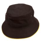 A black bucket hat with a yellow rim around the edge of the brim. The hat appears to have a simple design with minimal detailing.