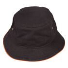A black bucket hat with an orange trim along the edge of the brim, featuring two small ventilation eyelets on each side.