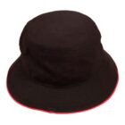 A black bucket hat with a red trim around the brim.