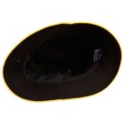 Interior view of a black bucket hat with a yellow rim, showing a smooth lining and a small label on the inner side.