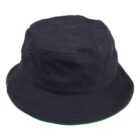 A plain black bucket hat with a round, flat top and a short downward-sloping brim. The edge of the brim has a subtle green lining. Two small ventilation holes are visible on one side.