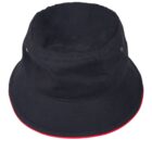 A black bucket hat with a red rim edge, featuring two small ventilation eyelets on either side. The hat has a soft, unstructured design.
