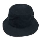 A black bucket hat with metal eyelets on each side, featuring a white trim around the brim. The hat is displayed against a plain white background.