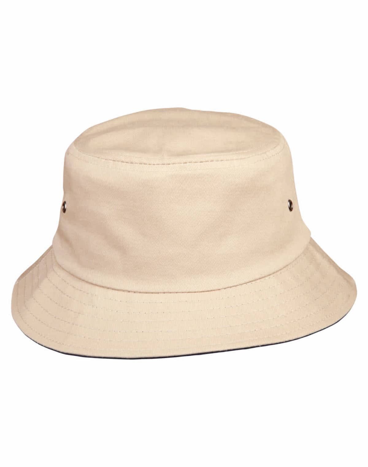 A beige bucket hat with a wide brim and two small metal eyelets on each side for ventilation. The fabric has a subtle, textured appearance.