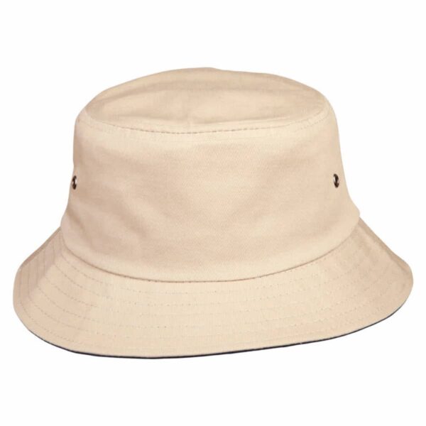 A beige bucket hat with a wide, downward-sloping brim and two ventilation eyelets on each side. The hat is made of a soft, lightweight fabric.