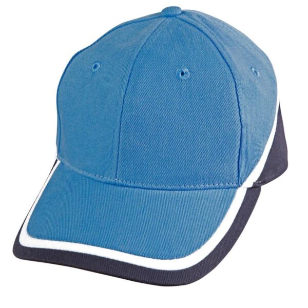 A blue baseball cap with a curved brim and a contrasting dark brim edge. The cap features a white accent line around the brim and has ventilation eyelets on the crown.
