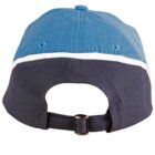 The image shows the back view of a baseball cap with a blue top panel, a white middle stripe, and a dark blue bottom panel. It features an adjustable strap with a metal buckle.