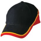 A black baseball cap with red and yellow trim along the edge of the brim and sides. The cap has a curved visor and a structured crown.