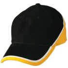 A black baseball cap with yellow accents on the brim and sides, featuring a white trim along the edge of the brim. The front panels of the cap are solid black with stitched details. The cap is shown against a plain white background.