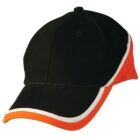 A black baseball cap with orange and white accents along the brim and sides, shown on a white background.