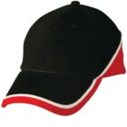 A black baseball cap with a red and white trimmed brim and red detailing on the back.