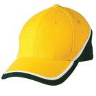 A yellow baseball cap with a green and white trim on the visor and edges. The cap has a curved brim and eyelets for ventilation.