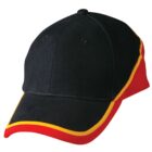 Black baseball cap with a yellow and red stripe along the edge. The cap features a curved brim and eyelets on the top.