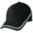 A black baseball cap with white trim along the edge of the brim and around the panels. The cap features a curved brim and ventilation holes on each panel.