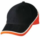 A black baseball cap with an orange and white trim along the edge of the visor and side panels. The cap features a curved brim and a soft crown, displaying a sporty design.