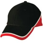 A black baseball cap with a red and white trim along the brim and the back. The cap has a curved visor and six panels with eyelets on each panel. The back section features a bold red color.