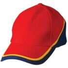 A bright red baseball cap with yellow trim around the brim and edges. The sides of the cap are navy blue, providing a striking contrast with the red and yellow colors. The cap is shown against a plain white background.