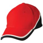 A red baseball cap with black and white trim along the brim and sides. The design features six panels and a curved brim.