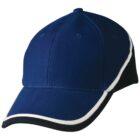 A blue baseball cap with contrasting black sides and white trim along the visor and edge, viewed from the front and slightly to the side.