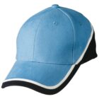 A blue baseball cap with a black and white trim along the edges of the visor and around the sides. The cap features stitched panels and eyelets.