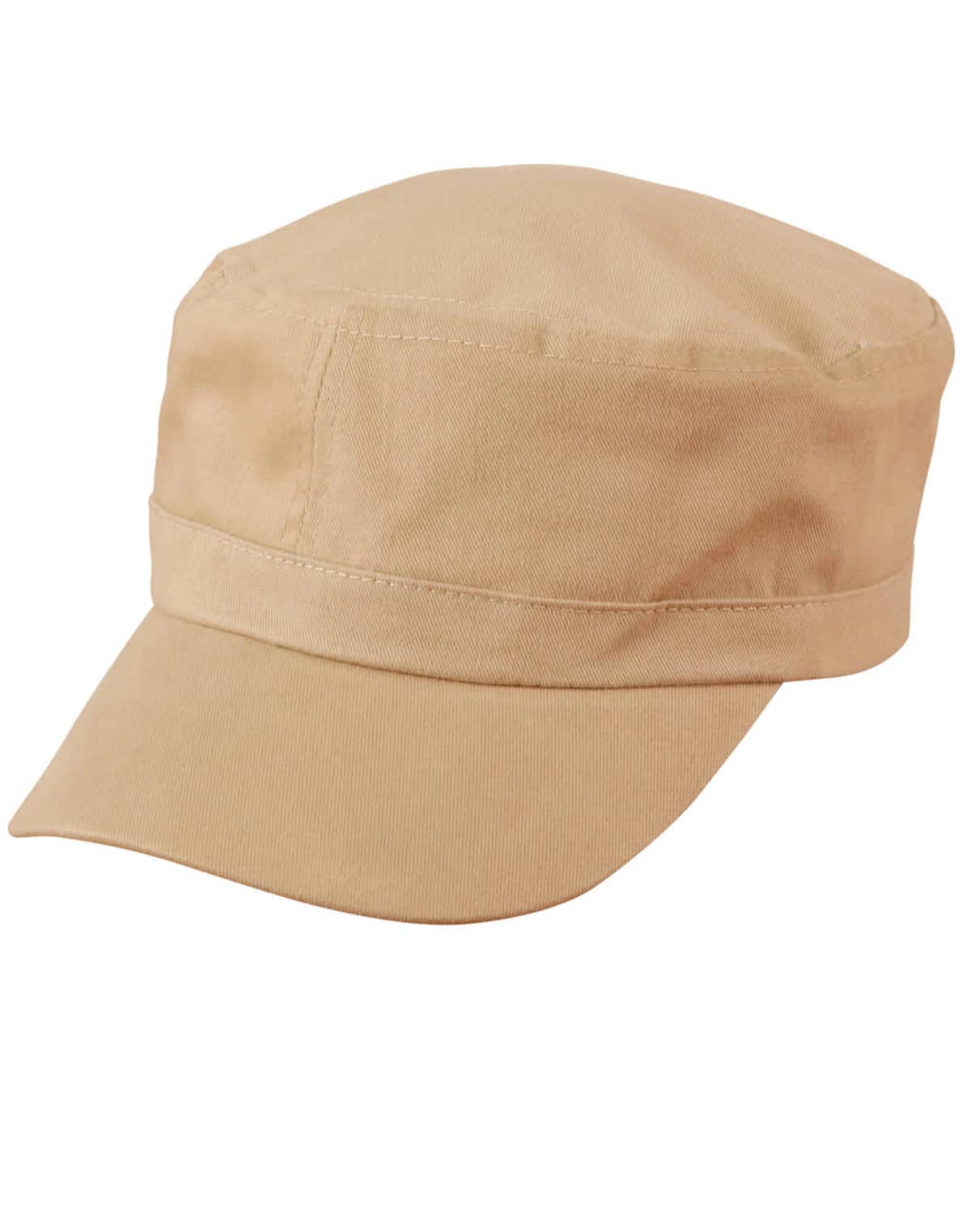 A tan military-style cap with a flat top and a short, curved bill. The hat has stitching details around the band and top, giving it a structured appearance.