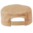 A beige, flat-topped military-style cap with a rectangular opening at the back. The fabric appears sturdy, with visible stitching along the seams.