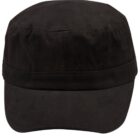 A plain black military-style cap with a flat top and short brim, viewed from the front against a white background.