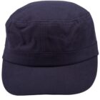 A plain dark blue military-style cap with a flat top and a stiff brim. The cap features visible stitching lines and a short bill. The material appears to be cotton, giving it a casual, sturdy look.