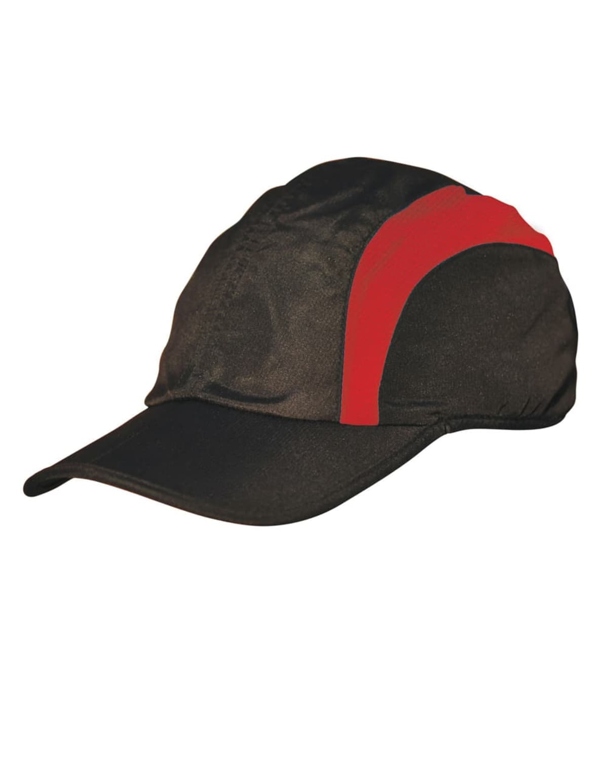 A black baseball cap featuring a red stripe running from the front to the side. The cap has a curved brim and a smooth, structured design.