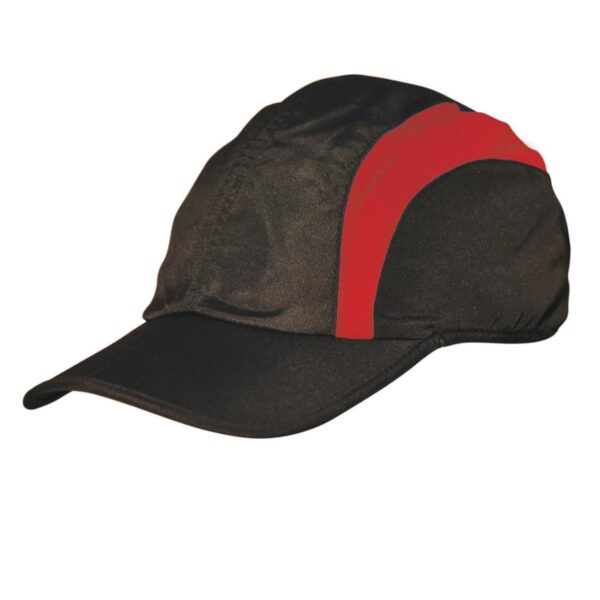 A black baseball cap featuring a red curved design on the side. The cap has a structured crown and a curved visor. The red accent adds a pop of color to the otherwise solid black cap.