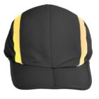 Black cycling cap with two bright yellow stripes running vertically from the brim to the top.
